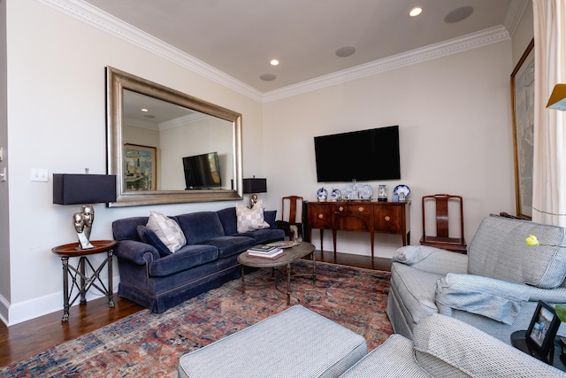 living room with dark wood-type flooring and ornamental molding