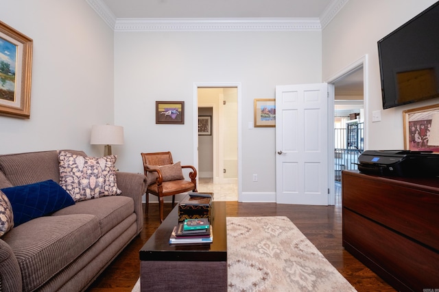 living room featuring ornamental molding and dark wood-type flooring