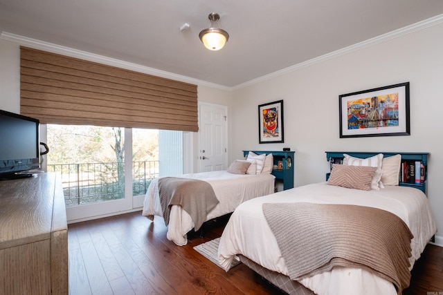 bedroom featuring dark hardwood / wood-style floors, access to exterior, and ornamental molding