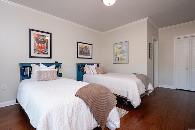 bedroom featuring dark hardwood / wood-style flooring and ornamental molding