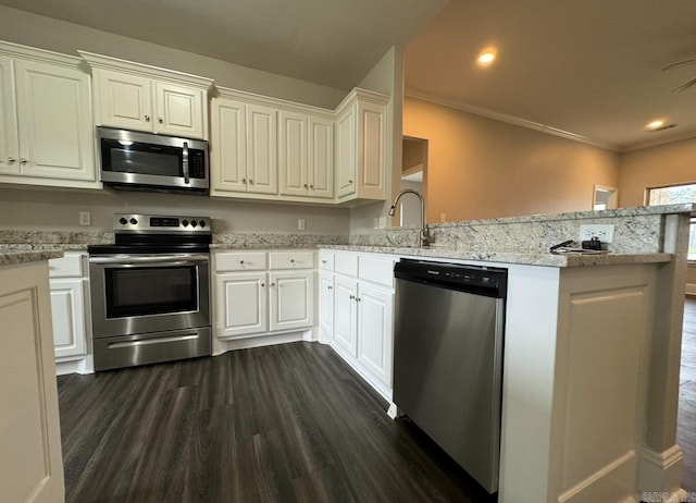 kitchen featuring kitchen peninsula, stainless steel appliances, and dark hardwood / wood-style floors