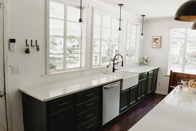 kitchen with a healthy amount of sunlight, sink, decorative light fixtures, and dishwasher