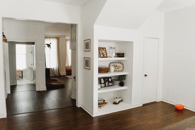 hallway featuring dark hardwood / wood-style floors and built in features