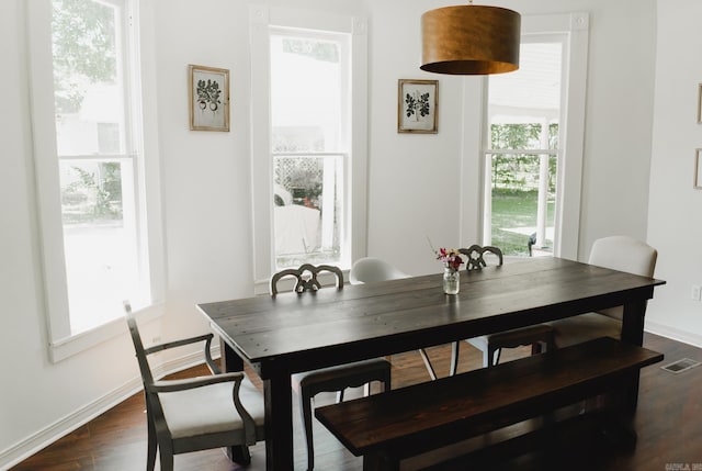 dining room with a wealth of natural light and dark hardwood / wood-style flooring