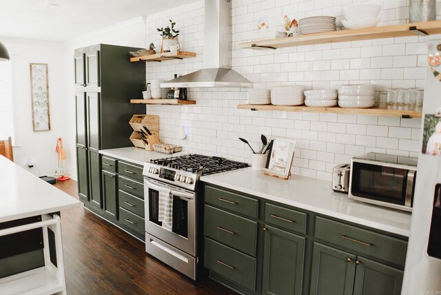 kitchen with dark hardwood / wood-style flooring, tasteful backsplash, appliances with stainless steel finishes, and green cabinets