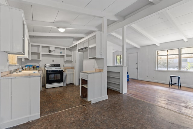 kitchen featuring white cabinets, dark hardwood / wood-style flooring, white range with gas cooktop, and lofted ceiling with beams