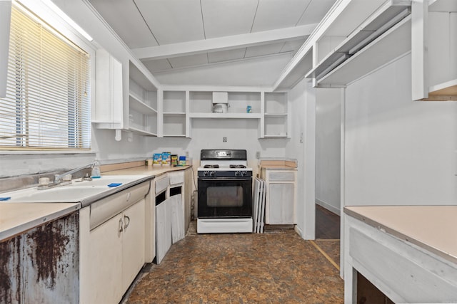 kitchen with lofted ceiling with beams, white cabinetry, white range with gas cooktop, and sink