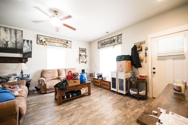 living room with wood-type flooring and ceiling fan