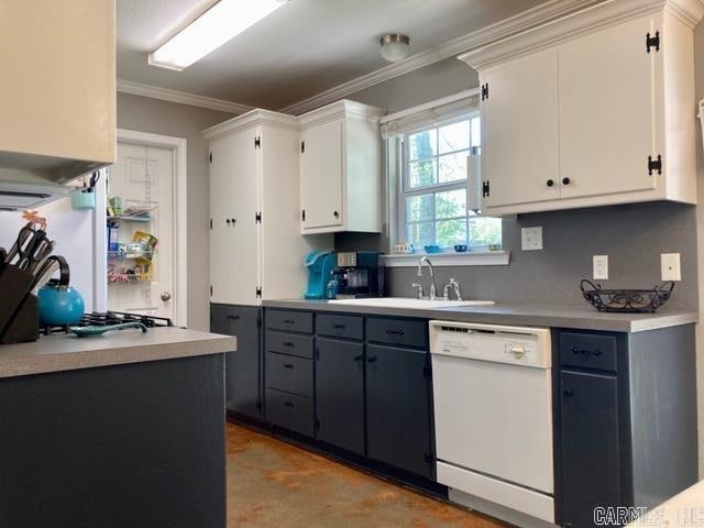 kitchen with ornamental molding, white cabinetry, sink, and white dishwasher