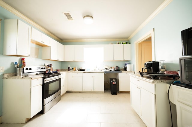 kitchen with white cabinetry, stainless steel range with electric stovetop, sink, and crown molding