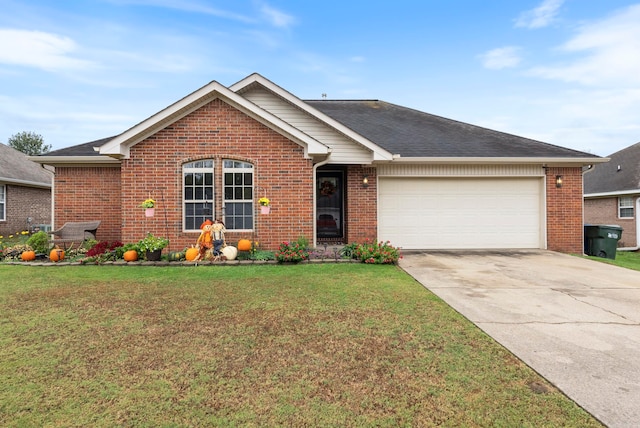 ranch-style home featuring a garage and a front yard