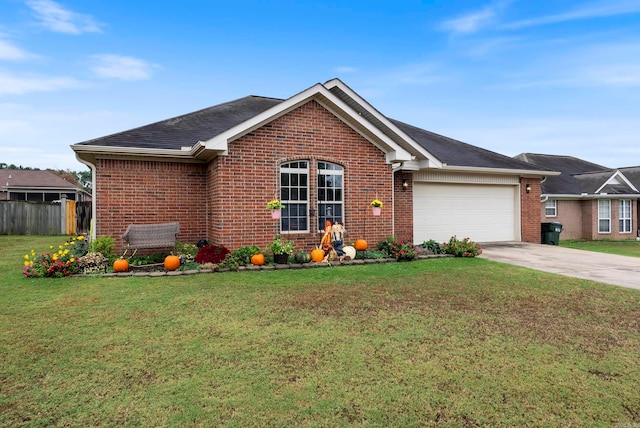 ranch-style home with a front lawn and a garage