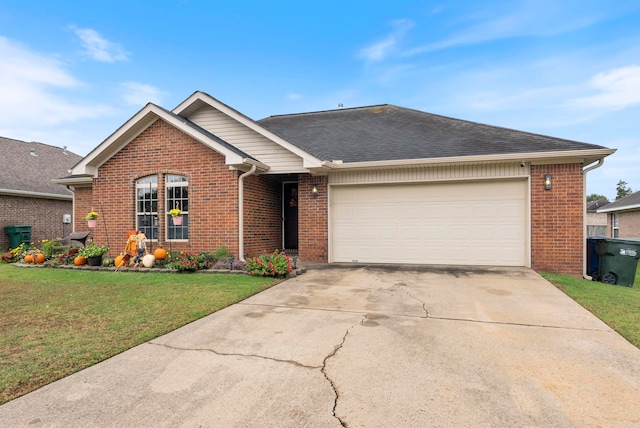 ranch-style home featuring a garage and a front lawn