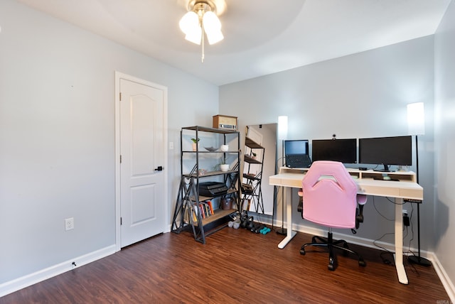 office area featuring dark wood-type flooring and ceiling fan