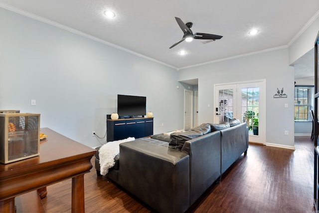 living room featuring ceiling fan, french doors, dark hardwood / wood-style floors, and crown molding