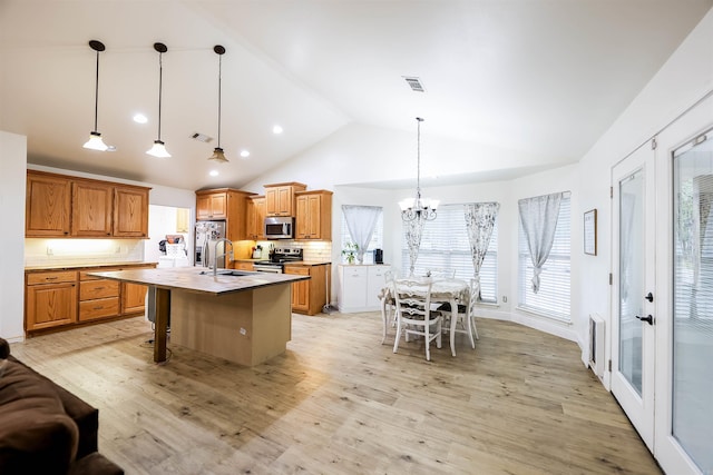 kitchen with light wood-type flooring, stainless steel appliances, hanging light fixtures, and a center island with sink