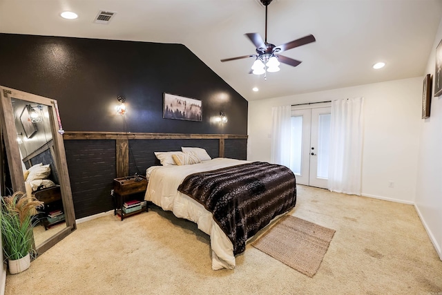169 Whispering Oak Cir, El Dorado, AR 71730 - carpeted bedroom featuring french doors, lofted ceiling, recessed lighting, a ceiling fan, and baseboards