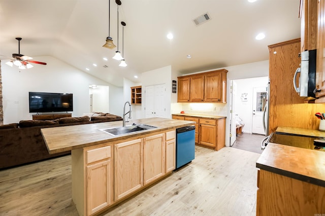 kitchen with a center island with sink, sink, lofted ceiling, wood counters, and dishwasher