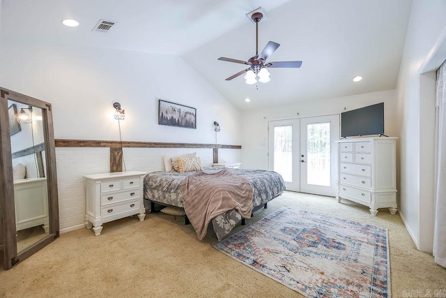 169 Whispering Oak Cir, El Dorado, AR 71730 - bedroom featuring french doors, access to exterior, light colored carpet, lofted ceiling, and a ceiling fan