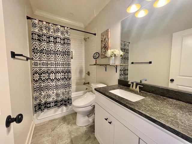 full bathroom featuring toilet, vanity, crown molding, and shower / bathtub combination with curtain