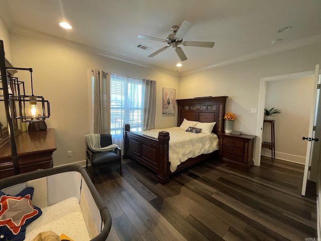 bedroom with dark wood-type flooring, ceiling fan, and crown molding