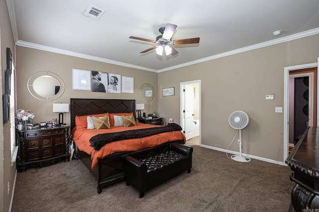 bedroom with ornamental molding, carpet, and ceiling fan