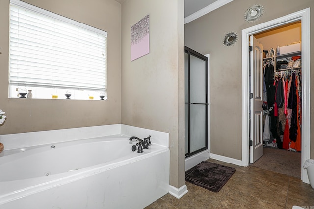 bathroom featuring independent shower and bath and crown molding