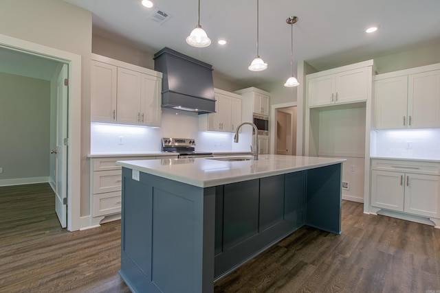 kitchen with sink, custom exhaust hood, a kitchen island with sink, white cabinetry, and appliances with stainless steel finishes