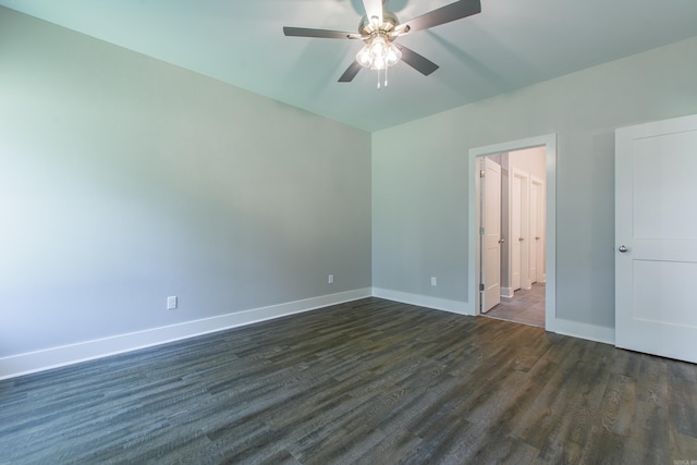 unfurnished bedroom featuring dark wood-type flooring and ceiling fan