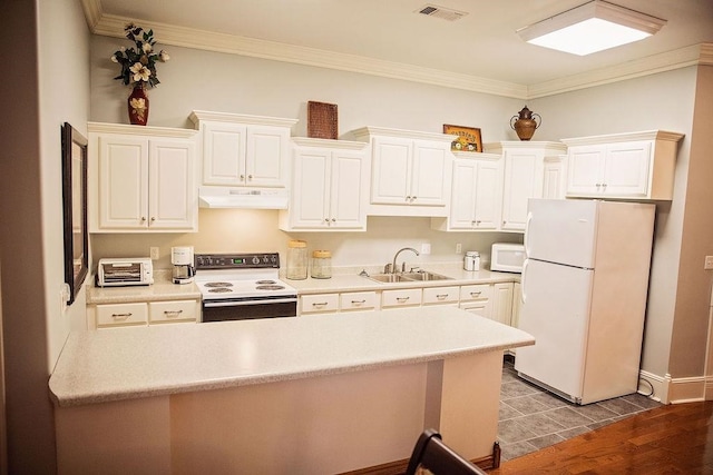 kitchen featuring wood-type flooring, crown molding, white cabinetry, sink, and white appliances