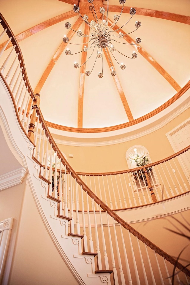 stairs featuring crown molding and a towering ceiling