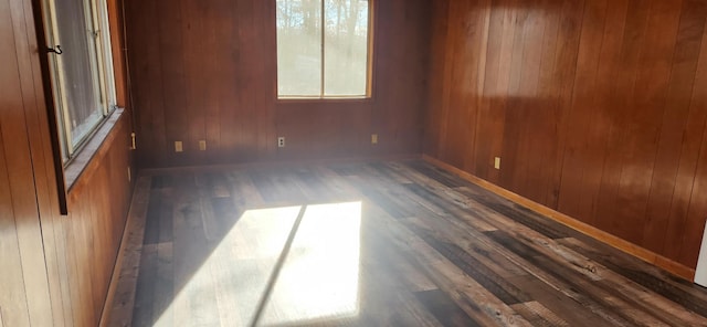 spare room with dark wood-type flooring and wood walls