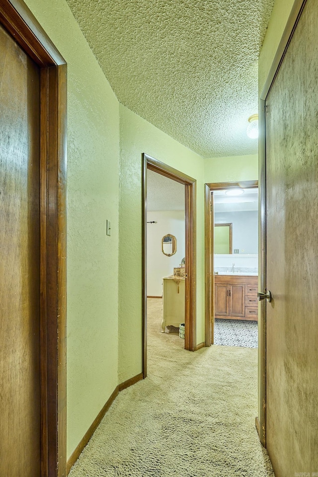 corridor featuring sink, a textured ceiling, and light carpet