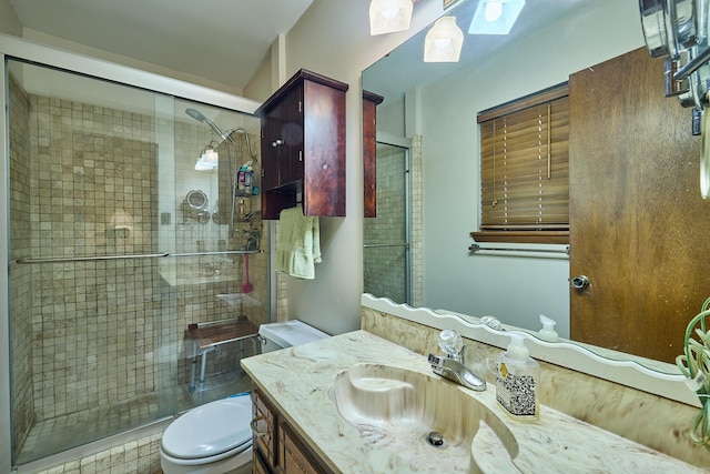 bathroom featuring an enclosed shower, a skylight, toilet, and vanity