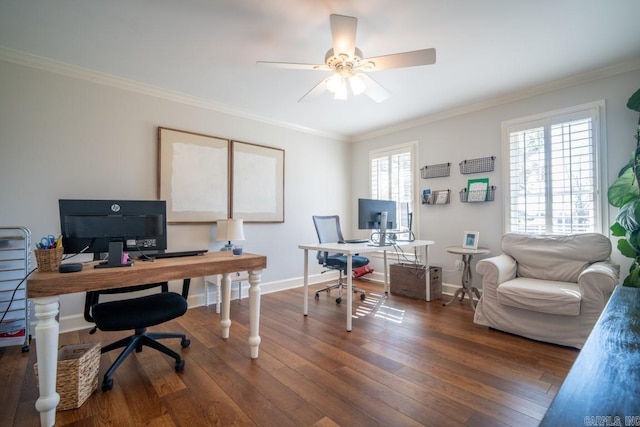 office area with dark wood-type flooring, crown molding, and plenty of natural light