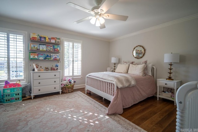 bedroom with dark hardwood / wood-style flooring, ornamental molding, multiple windows, and ceiling fan