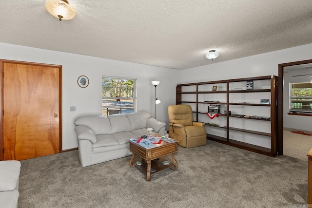 living room with plenty of natural light, carpet floors, and a textured ceiling