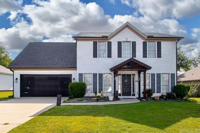 colonial-style house with a garage and a front yard