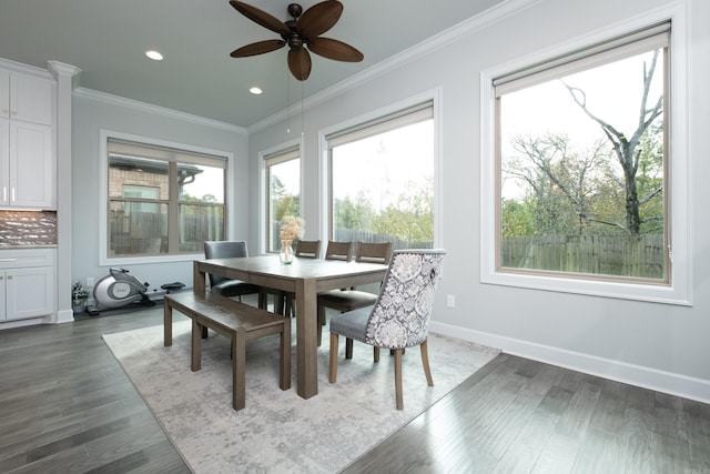 dining room with ceiling fan, dark hardwood / wood-style floors, and crown molding