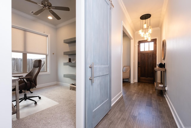 home office with ornamental molding, dark hardwood / wood-style floors, and ceiling fan with notable chandelier