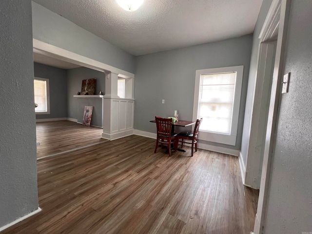 dining space featuring hardwood / wood-style floors, plenty of natural light, and a textured ceiling