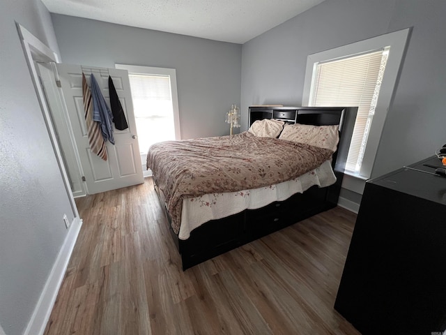 bedroom featuring wood-type flooring and a textured ceiling