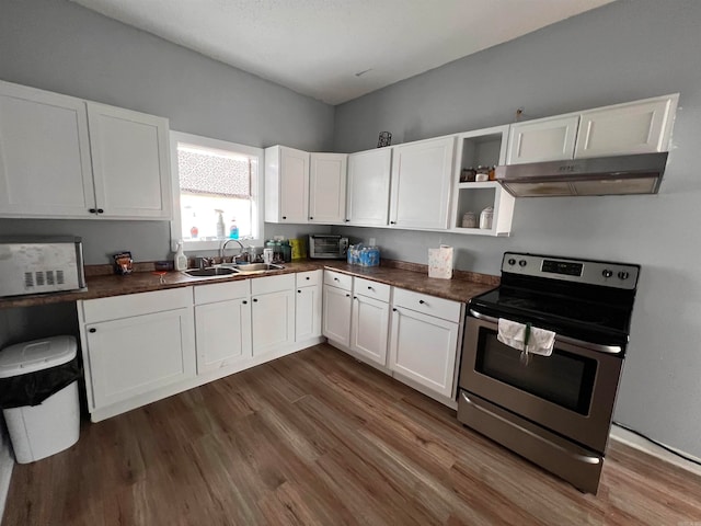 kitchen featuring dark hardwood / wood-style flooring, sink, stainless steel range with electric stovetop, and white cabinets