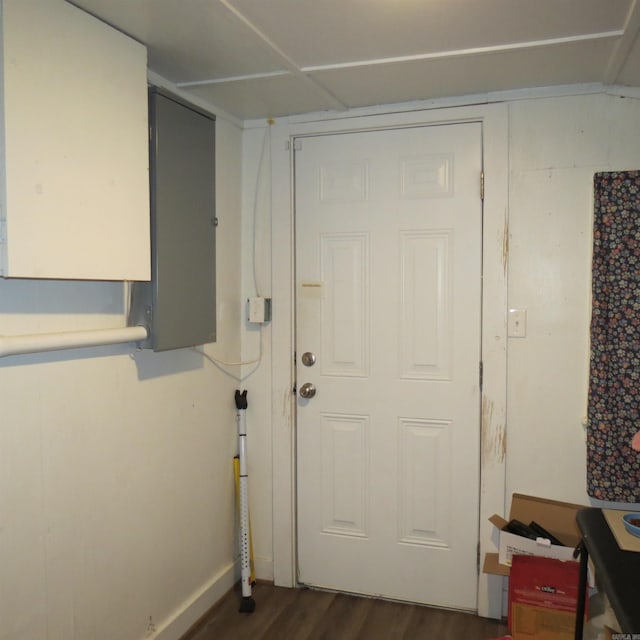 doorway to outside with electric panel and dark hardwood / wood-style floors