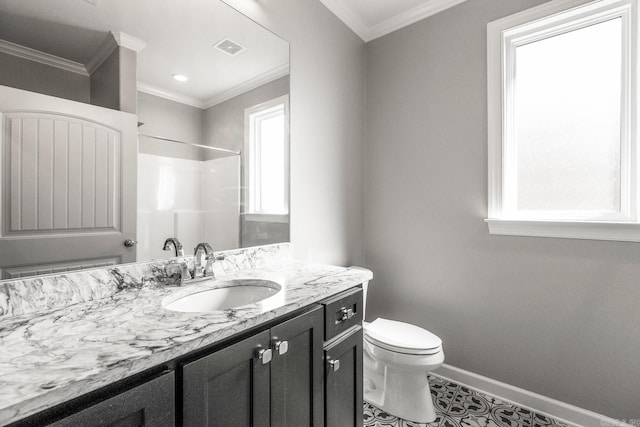 bathroom featuring walk in shower, vanity, toilet, and crown molding