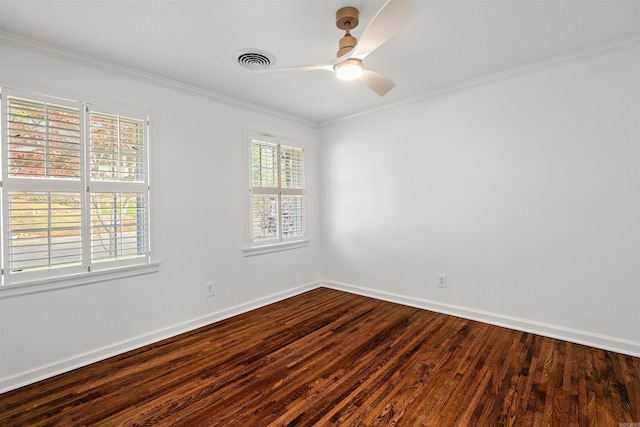 empty room featuring ornamental molding, hardwood / wood-style flooring, and ceiling fan