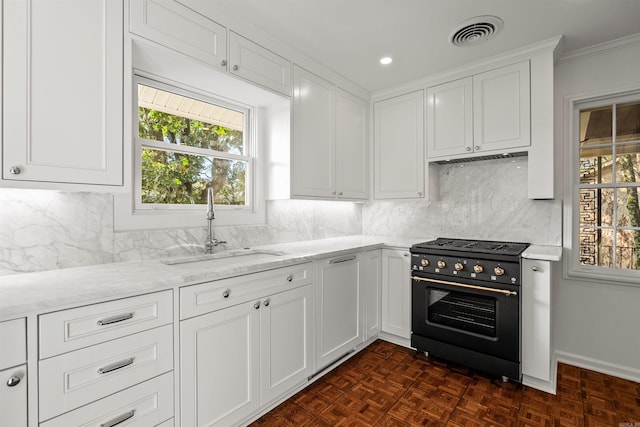 kitchen featuring white cabinets, sink, decorative backsplash, and high end stove