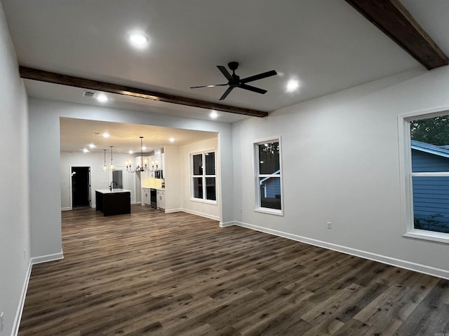 2497 Janet, Benton, AR 72015 - unfurnished living room with beam ceiling, dark wood-type flooring, a chandelier, recessed lighting, and baseboards