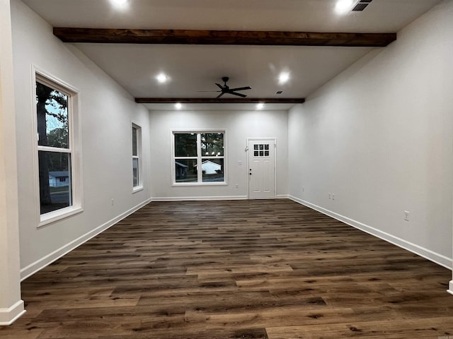 2497 Janet, Benton, AR 72015 - unfurnished room with a ceiling fan, beam ceiling, dark wood finished floors, baseboards, and recessed lighting