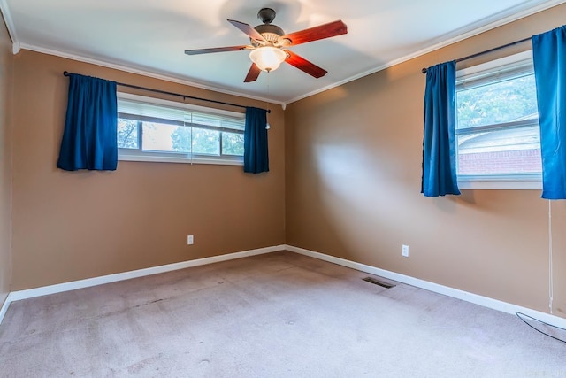 spare room featuring a wealth of natural light, ceiling fan, and ornamental molding